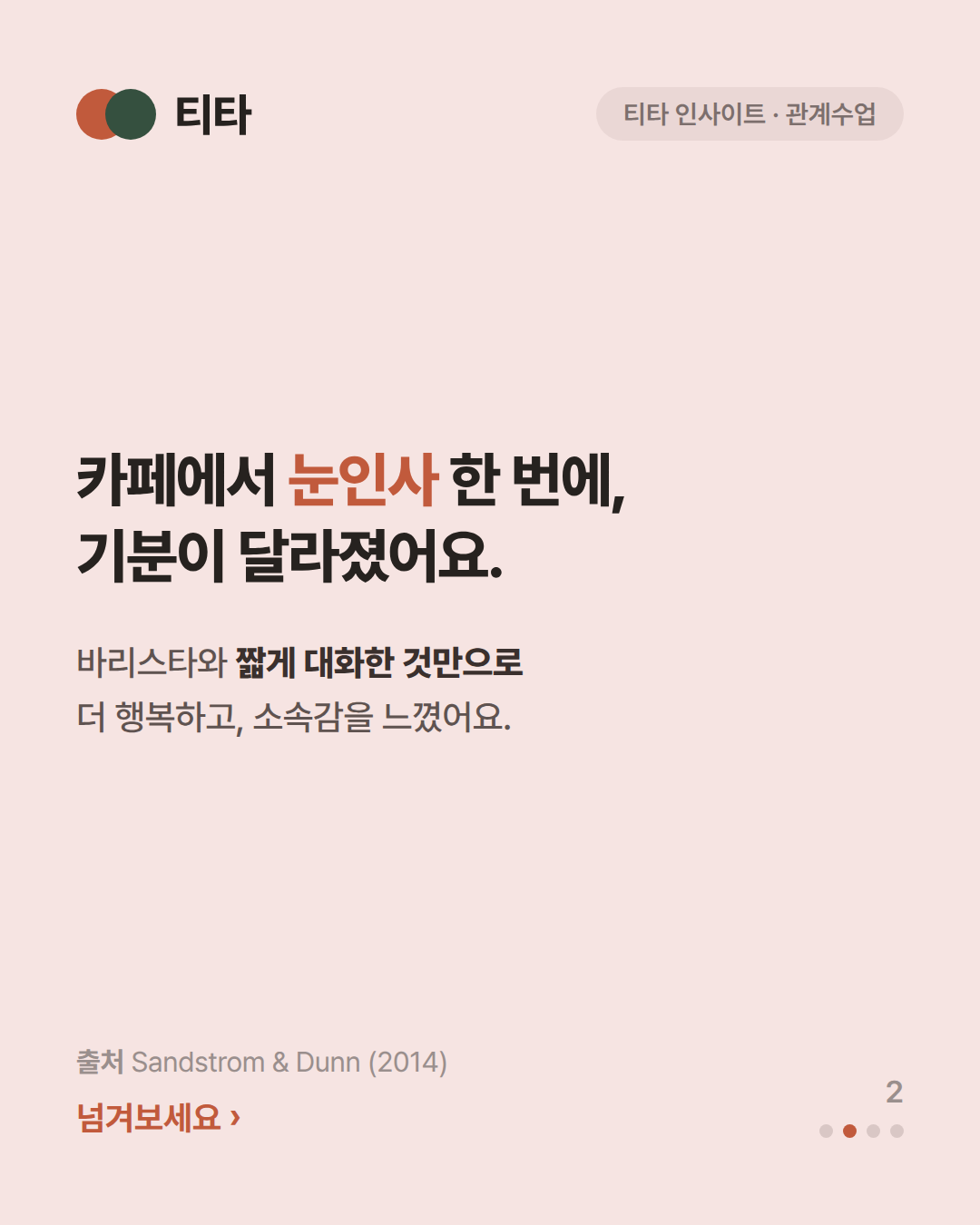카페에서 눈인사 한 번에 기분이 달라졌다 — 바리스타와 짧게 대화한 것만으로 더 행복하고 소속감을 느꼈다는 티타 인사이트 카드