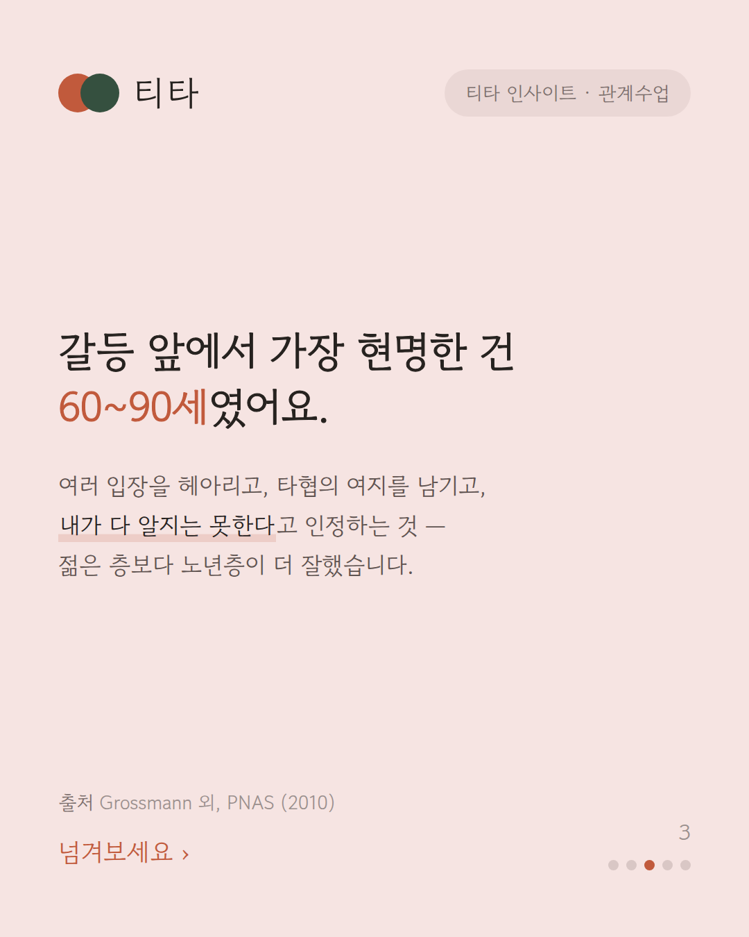 갈등 앞에서 가장 현명한 건 60~90세였다 — 여러 입장을 헤아리고 타협의 여지를 남기고 내가 다 알지 못한다고 인정하는 추론에서 노년층이 앞섰다는 티타 인사이트 카드