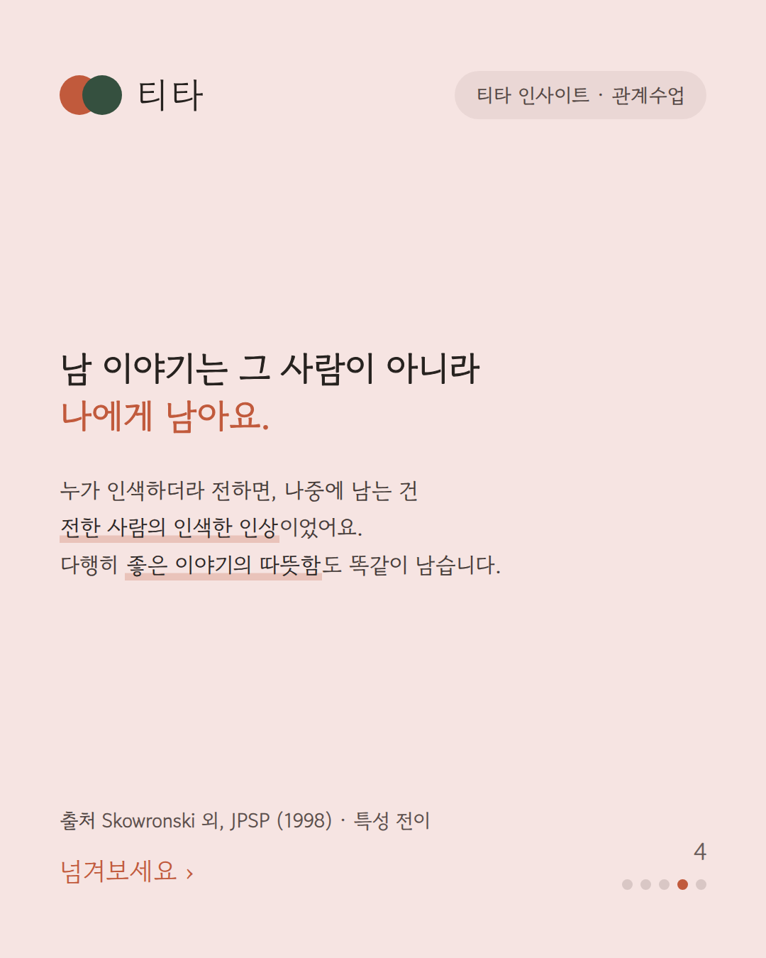 남에 대해 말한 성격이 말한 사람에게 옮겨져 기억된다는 특성 전이 연구 티타 인사이트 카드