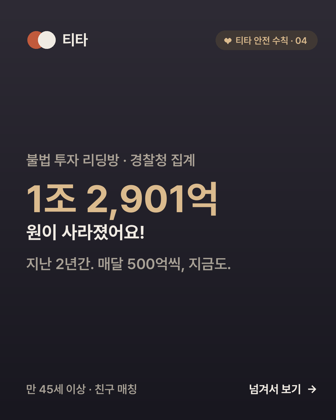 경찰청 집계로 불법 투자 리딩방 피해는 2년간 1조 2,901억 원, 매달 500억 원이 사라진다는 티타 안전 수칙 카드